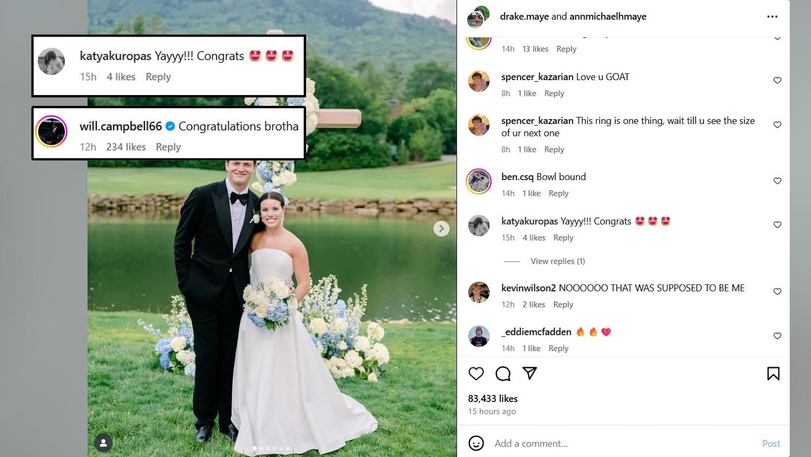 J.J. McCarthy's fiancée Katya drops two-word reaction to Drake Maye's wedding (image credit: instagram/drake.maye)